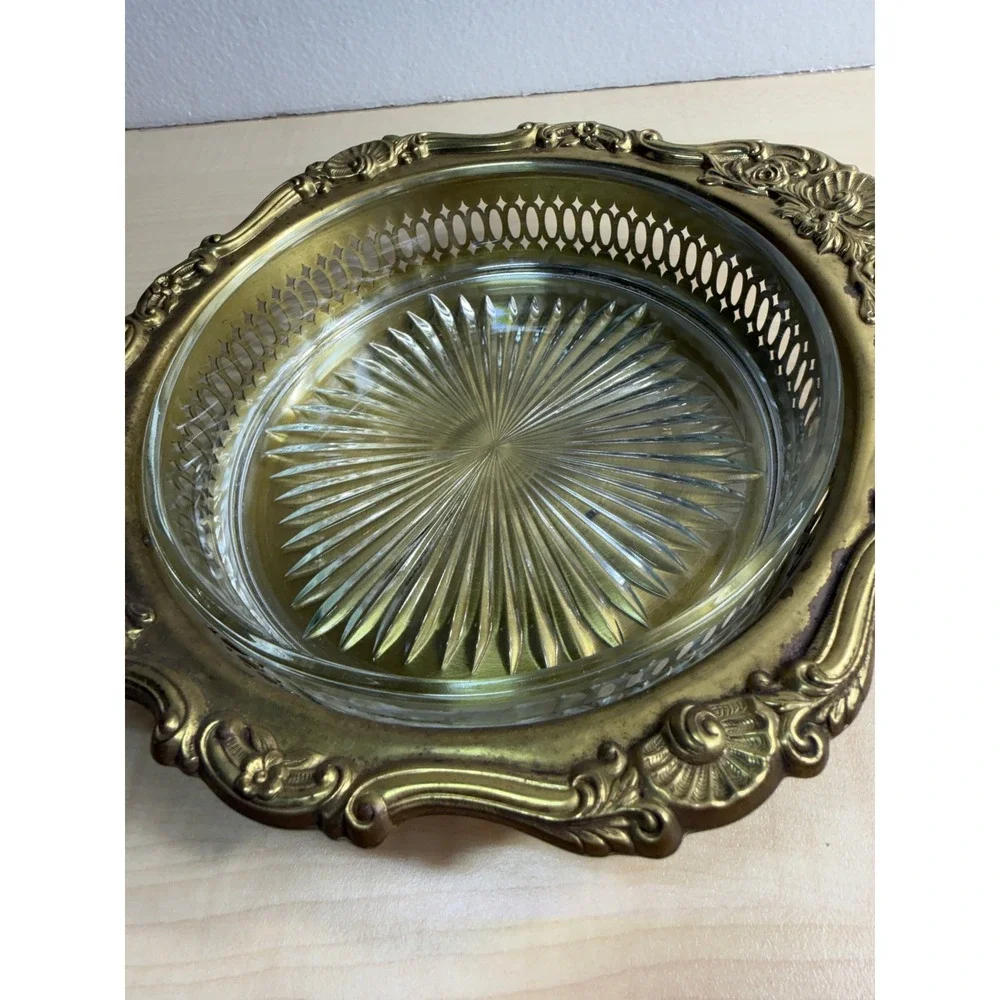 Vintage Brass Gallery Tray Ornate Floral‎ Rim Starburst Cut Glass Insert
